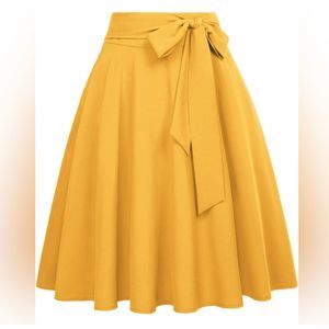 Womens Mustard SZ M High Waist Pockets Skirt Skater Flared Midi Skirt